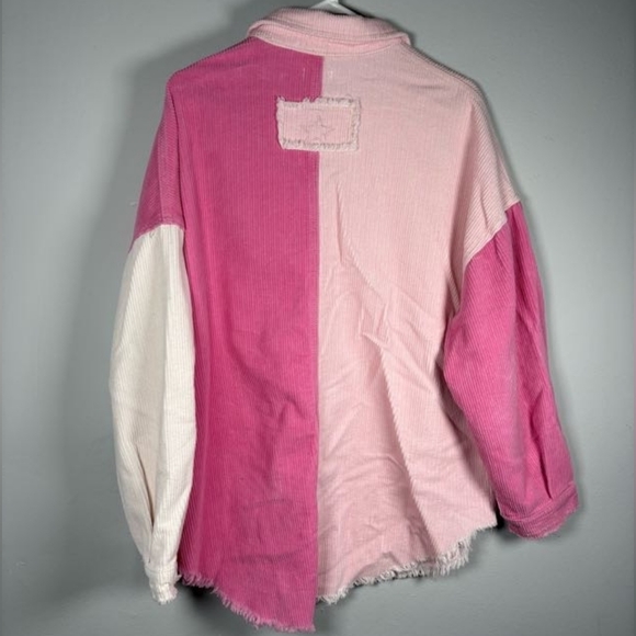 POL Pink White Corduroy Colorblock Button Down Women's Oversized Shacket Sz S - Picture 2 of 4